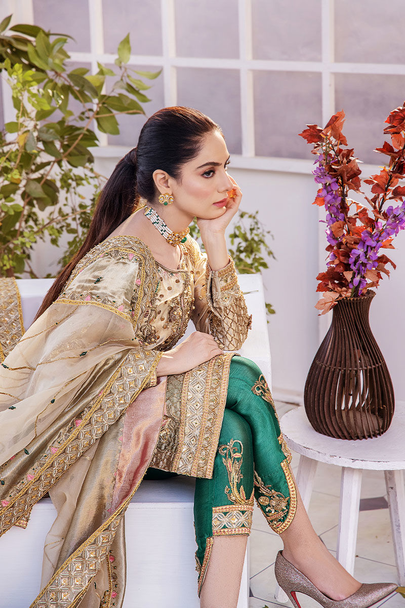 Shazia Kiyani Samar style — Mairaz golden bronze three-piece suit reference, view 7 of 7