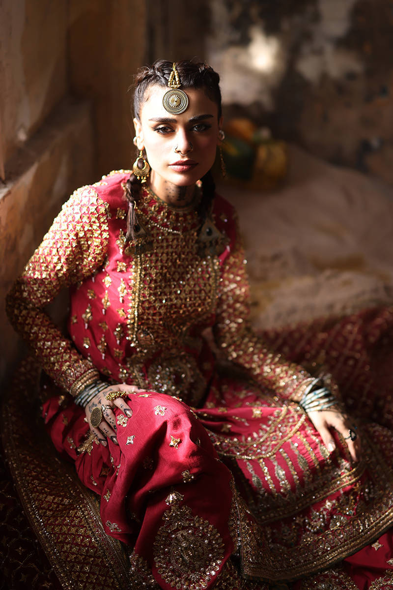 Mohsin Naveed Ranjha Ruhi Begum Style — Mairaz Carrot Red Gharara
