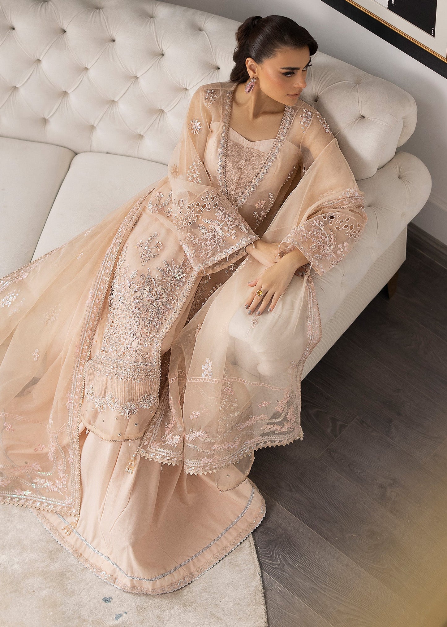 Farida Hasan Peach Blossom Style — Mairaz Peach Organza Formal Suit