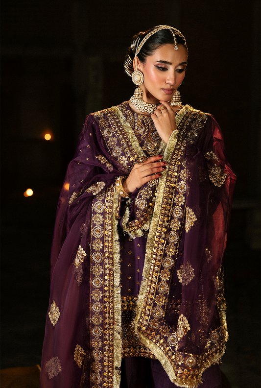 Saad Shaikh Arjumaand Style — Mairaz Dark Purple Three-Piece Suit