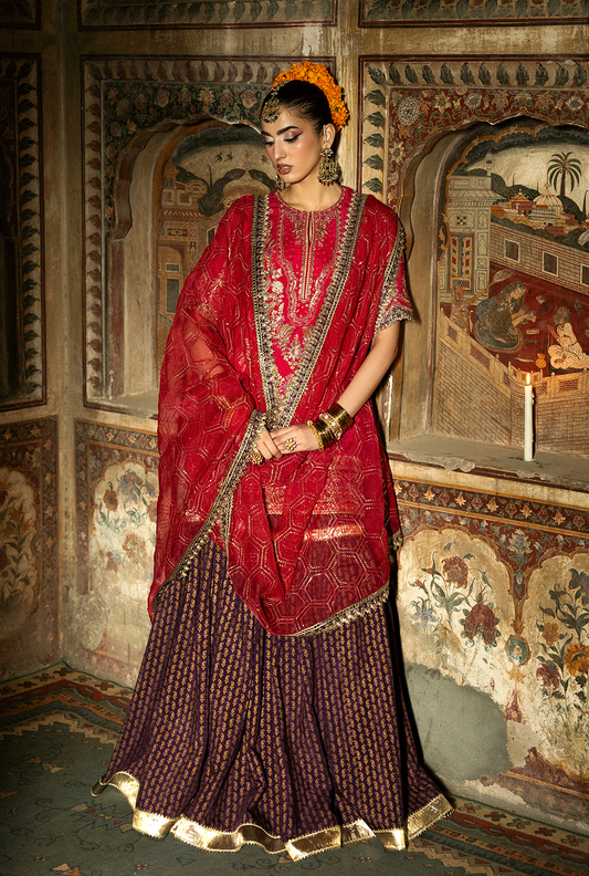 Saad Shaikh Gulrukh Style — Mairaz Magenta Three-Piece Suit