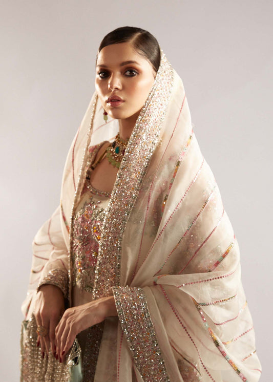 Hussain Rehar Euru Style by Mairaz, ivory organza formal outfit, product view 2 of 14