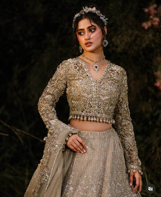 Maria B Azureh Style — Mairaz Champagne Gold Lehenga