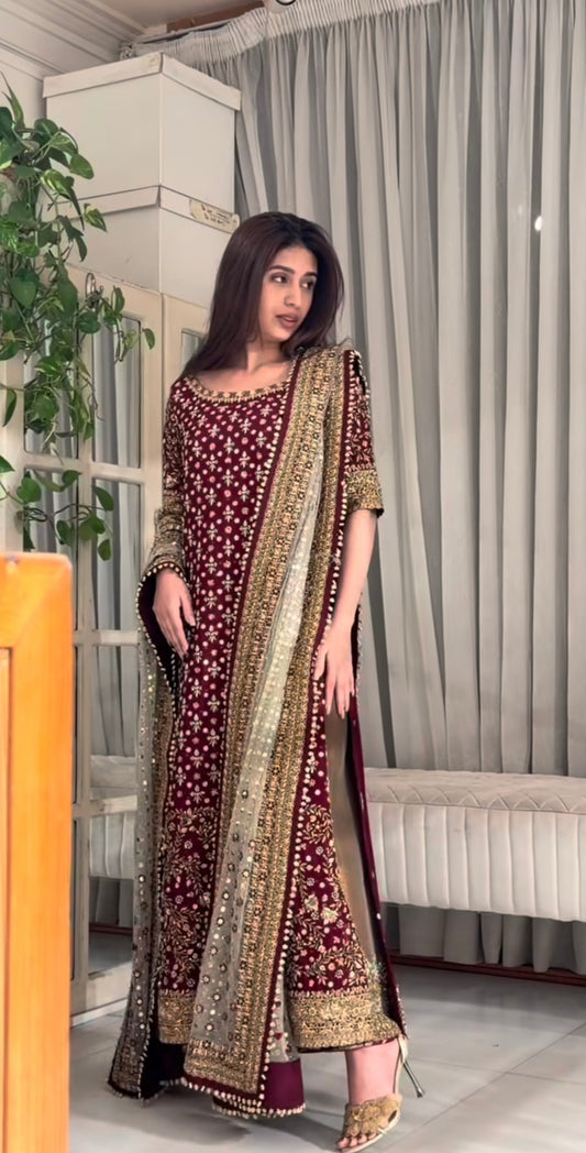 Haris Shakeel Areesha style — Mairaz maroon three-piece suit reference, view 2 of 5