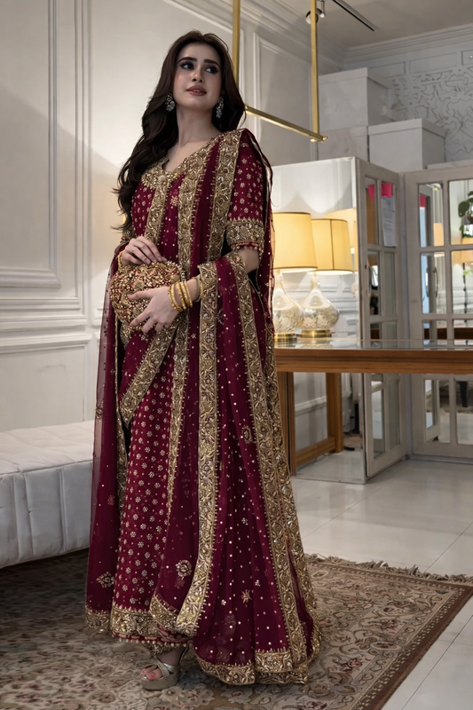 Haris Shakeel HR 69 Aisha Afridi Style — Mairaz Three-Piece Suit