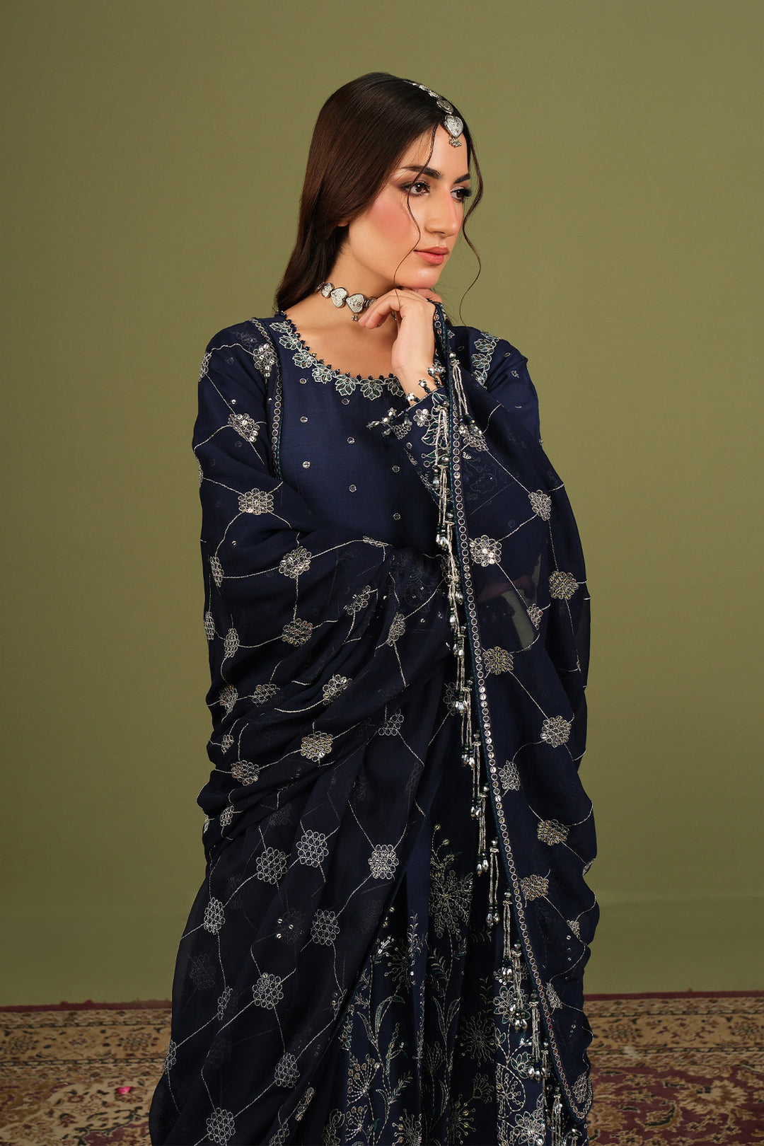Alizeh AF-RS-11-Abaan Style — Mairaz Navy Blue Three-Piece Suit