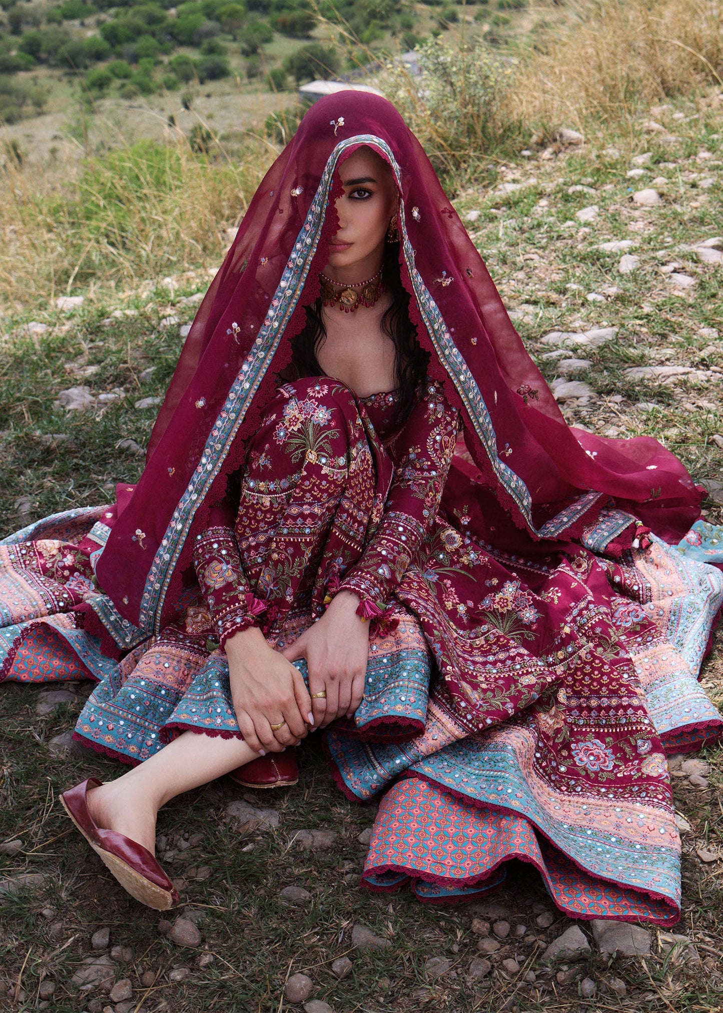 Hussain Rehar Nousheen style — Mairaz maroon three-piece suit reference, view 4 of 4