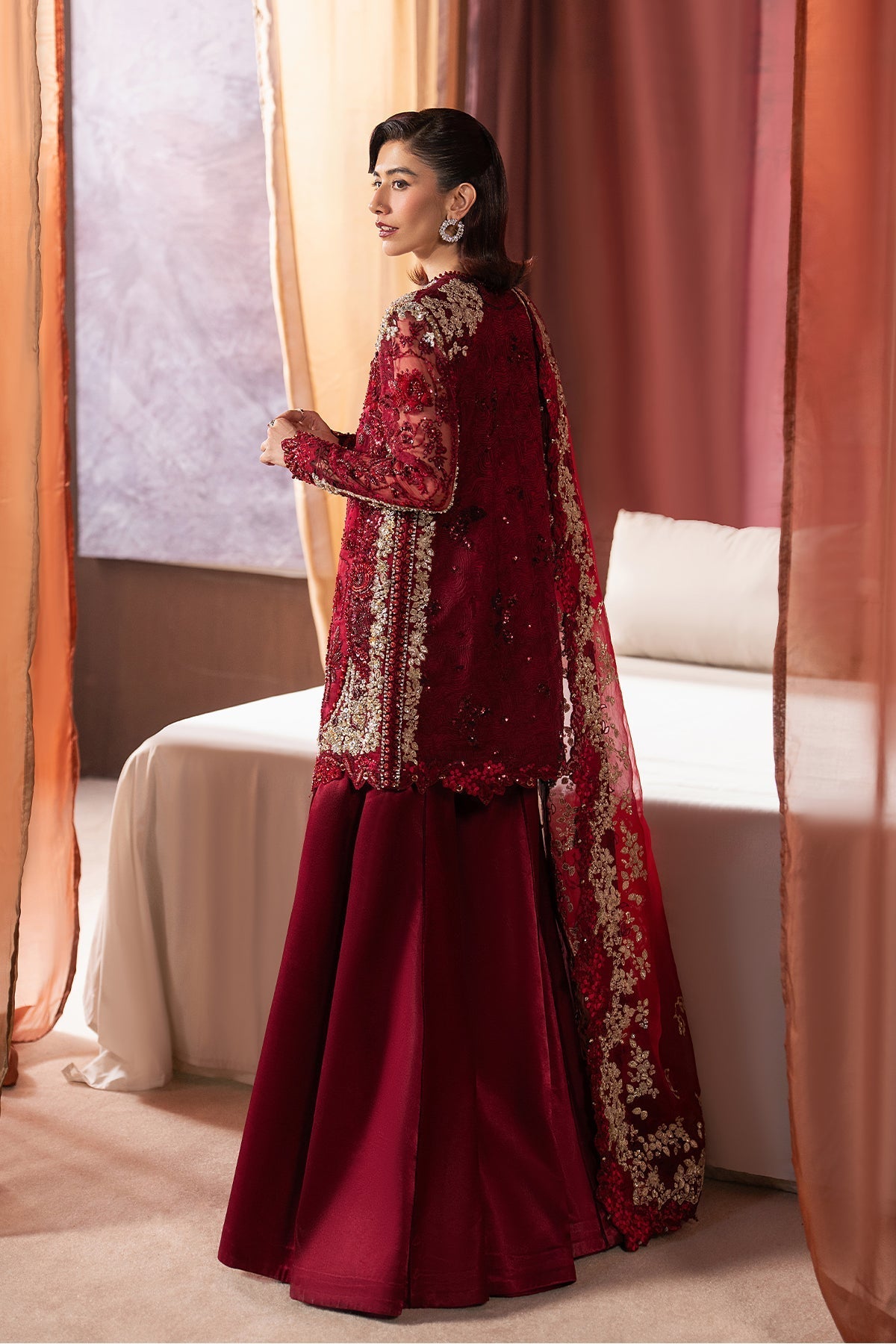 Afrozeh Rawayaat Style — Mairaz Crimson Red Three-Piece Suit