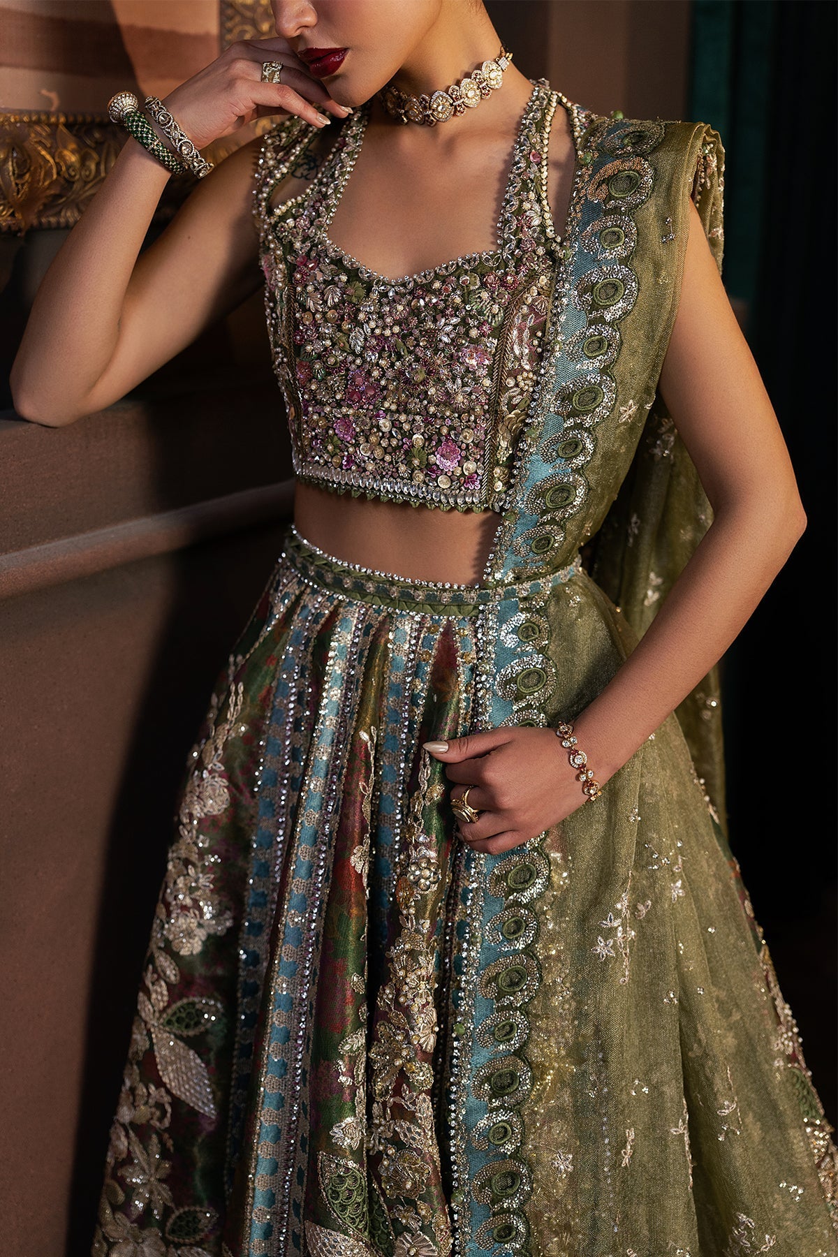 Afrozeh Mahsil Style — Mairaz Olive Green Three-Piece Suit