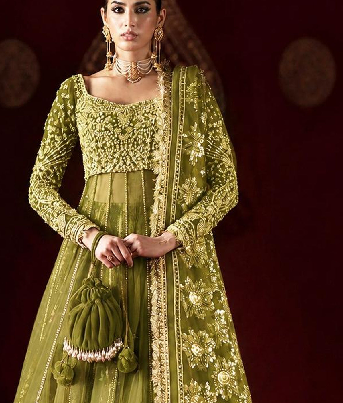 Amal style olive green colour customised embroidery and bodice detail