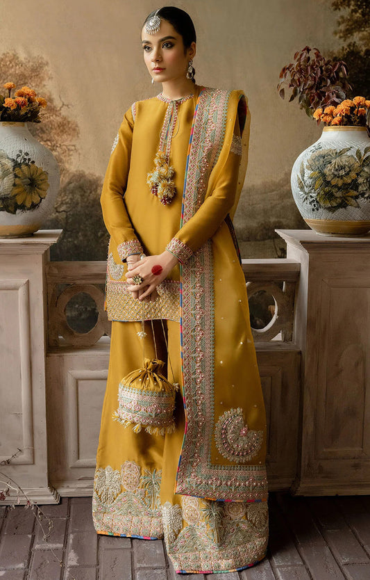 Hussain Rehar Arasti style mustard embroidered formal – product view 1