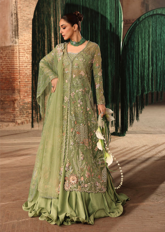 Crimson – Mint Green Net Embroidered Lehenga Style — Mairaz reproduction, product view 2 of 8