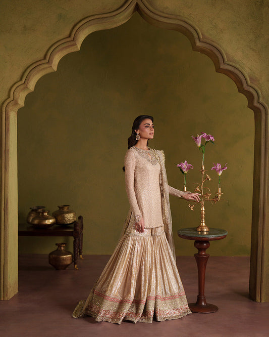 Faiza Saqlain Asfoureh Style by Mairaz, soft gold wedding formal view 2