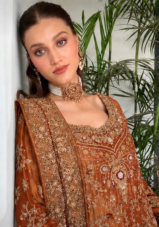 Haris Shakeel HS-201 Style rust orange embroidered formal close up
