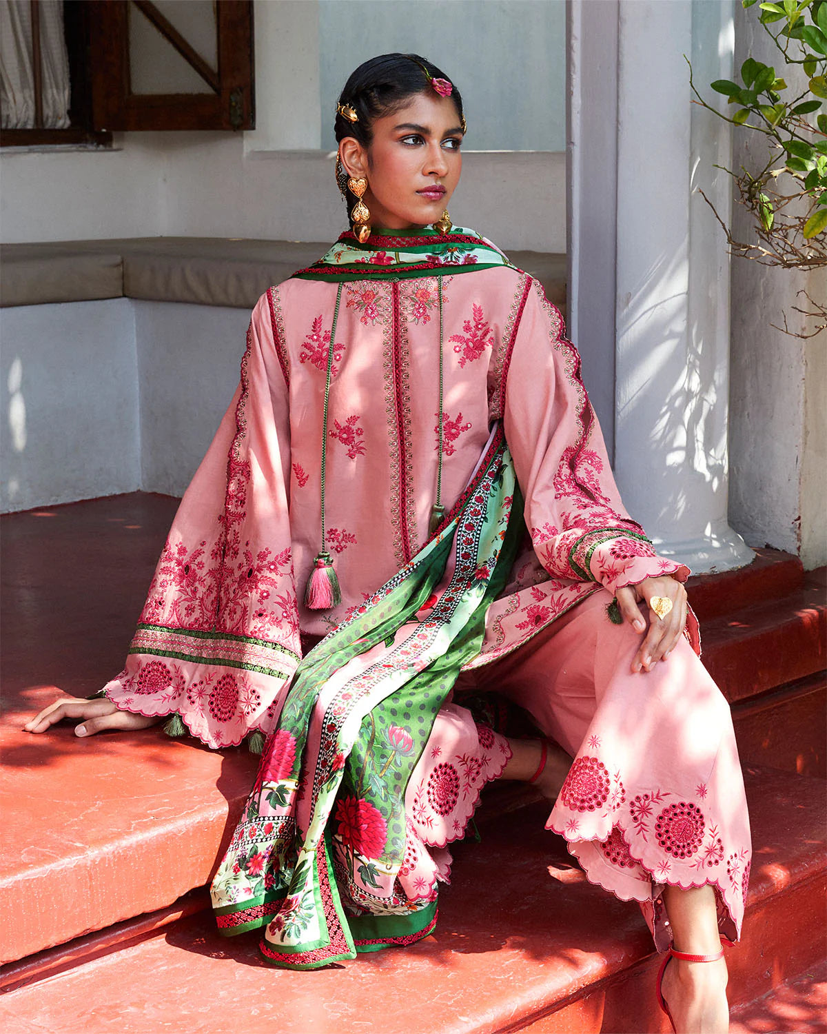 Hussain Rehar Pink and Sea Green Style embroidered formal view by Mairaz