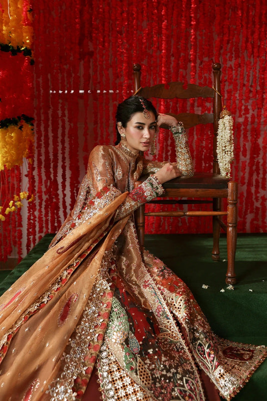 Afrozeh Poshna Style — Mairaz Peach & Green Three-Piece Suit