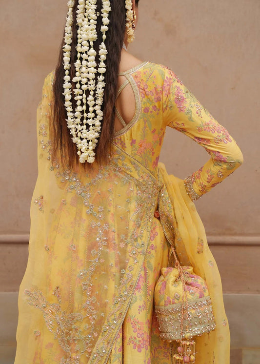 Kanwal Malik Hoorain Style yellow embroidered pishwas back view by Mairaz