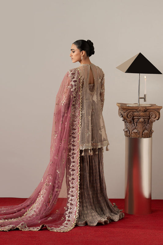 Gilded Grace, made by MAIRAZ — beige with carrot pink dupatta lehenga suit, rear view