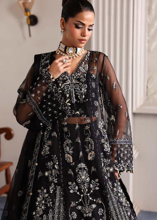 Stella, made by MAIRAZ — midnight black pishwas, bodice and sleeve embroidery detail