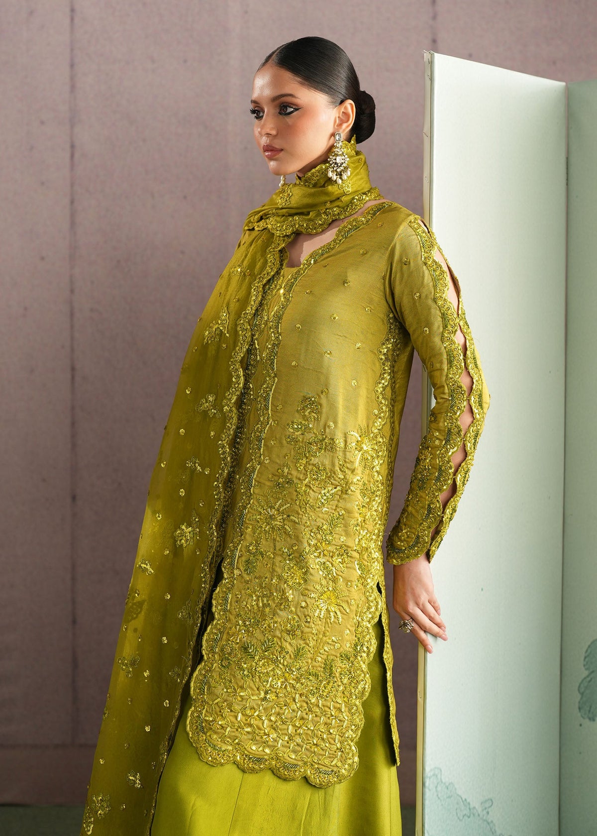 Kaia parrot green sharara suit, reference outfit photograph 8 — Made by Mairaz reproduction