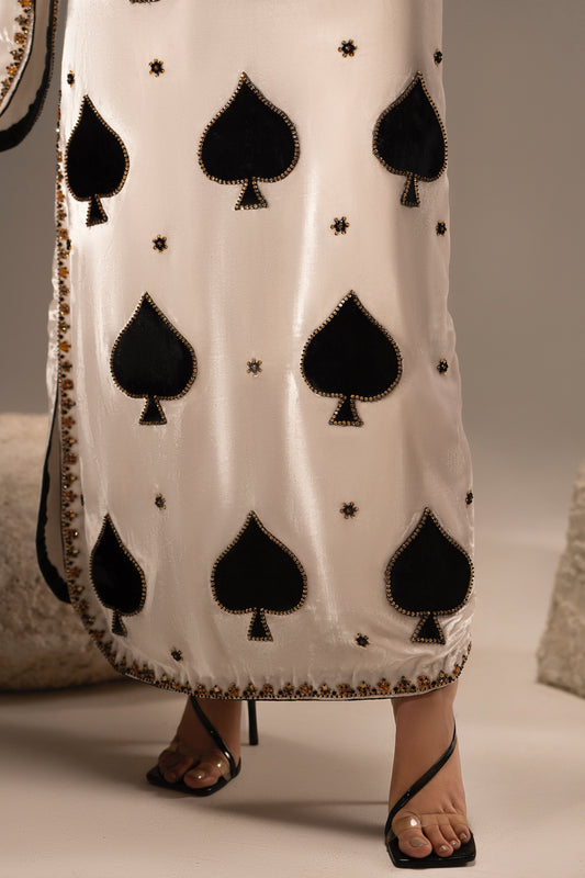 Flayers Spade ivory and black kaftan — spade applique detail, design reference