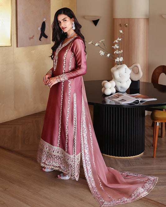 Mushq Rowa deep mauve formal suit — side and dupatta view, design reference
