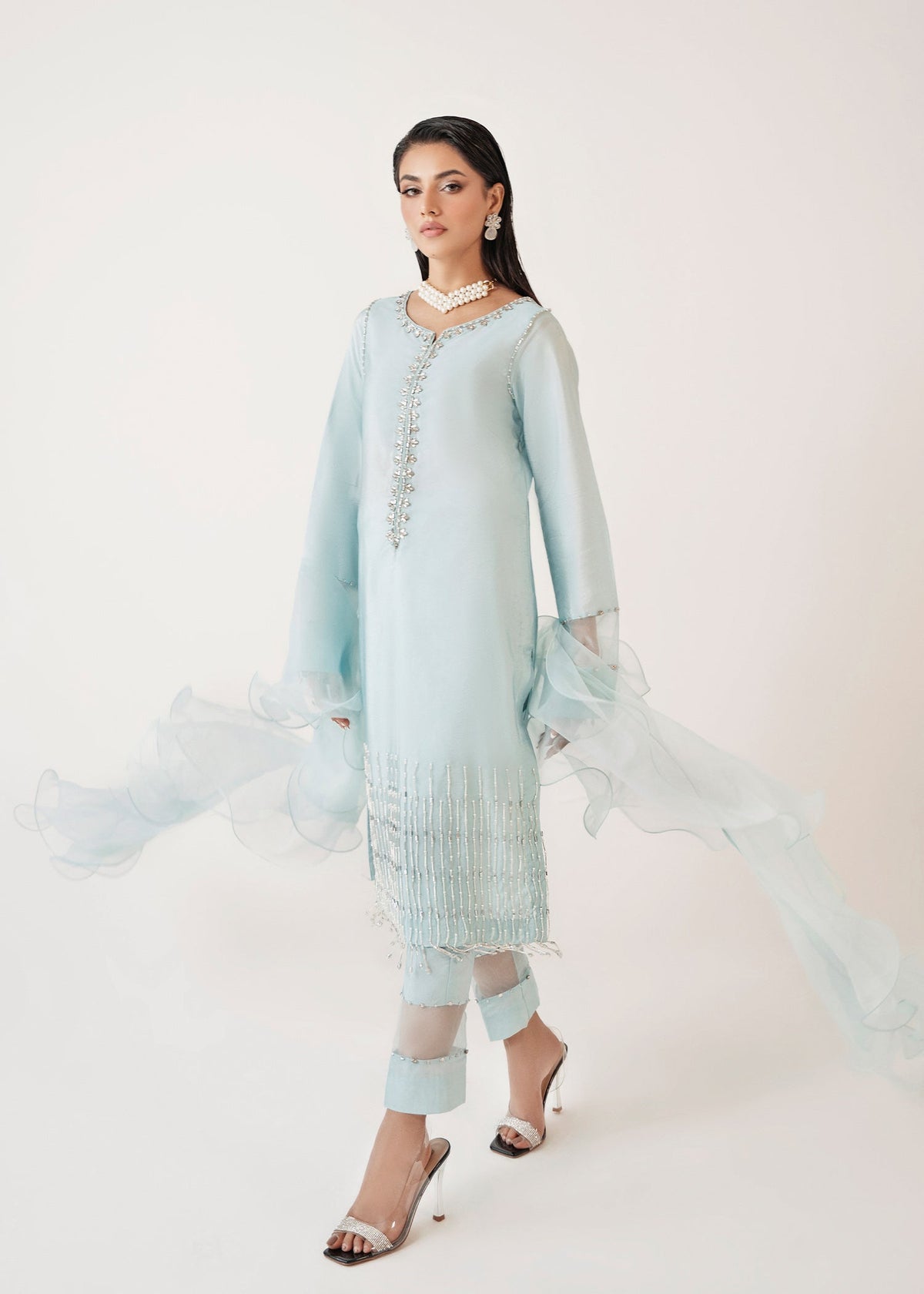 Misty ice blue shirt suit, reference outfit photograph 7 — Made by Mairaz reproduction