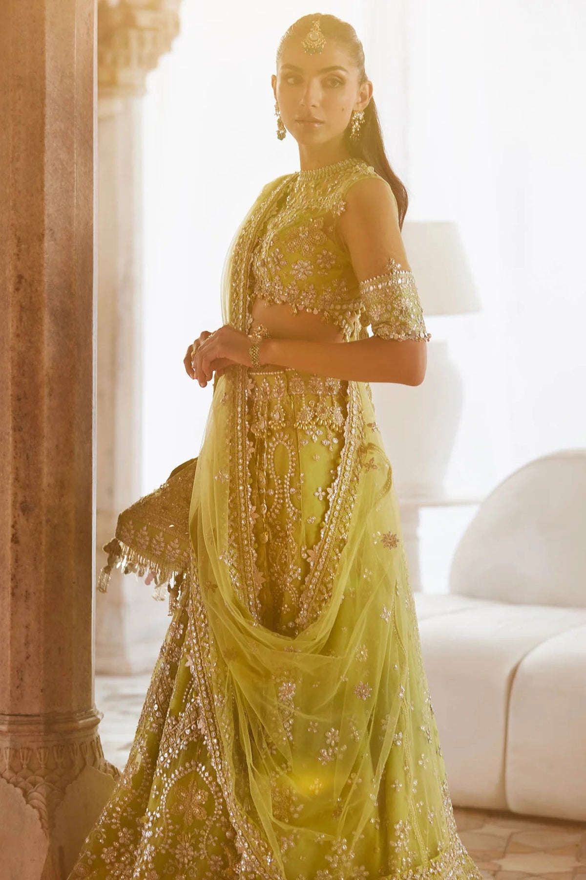 Zaha Noore Sitara Style by Mairaz lime green embellished lehenga additional detail view
