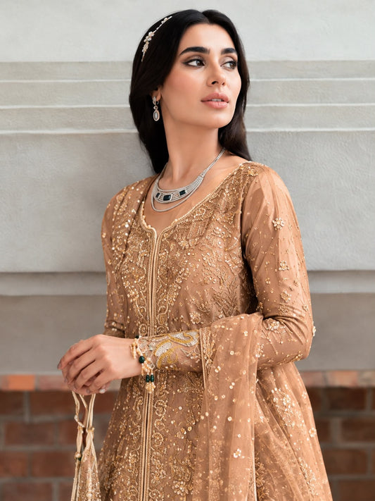 Sien style caramel beige formal dress neckline, embroidered sleeve and embellishment close-up