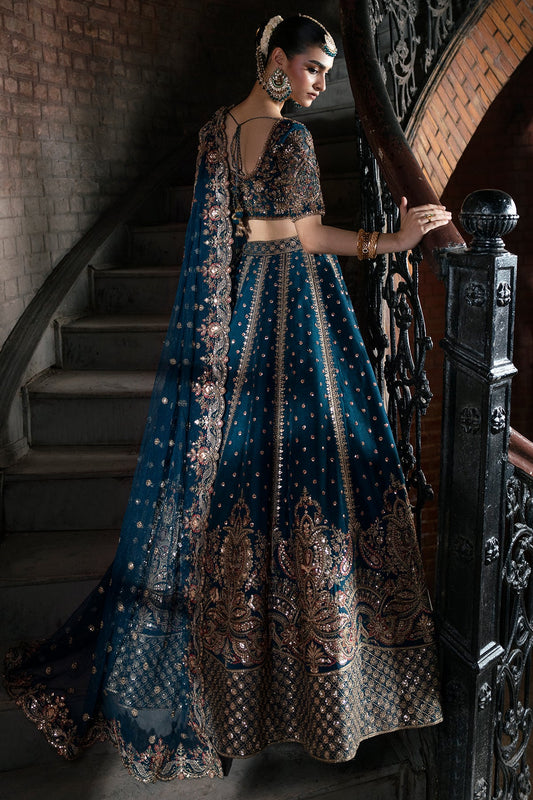 Tabassum, made by MAIRAZ — deep teal lehenga choli, rear view showing lehenga and dupatta