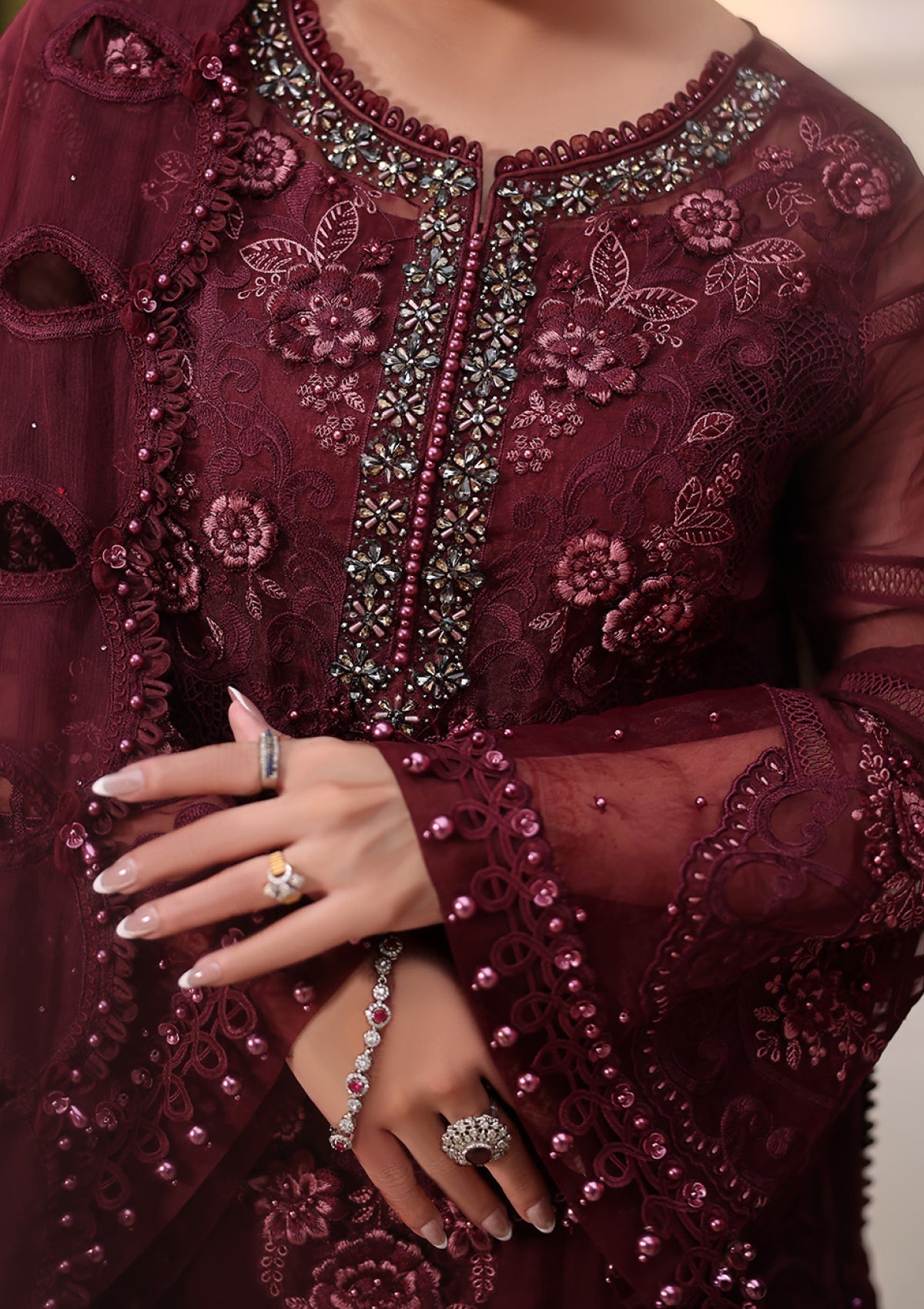 Maria B MPC-26-108 style reference, Burgundy Chiffon Suit, view 9