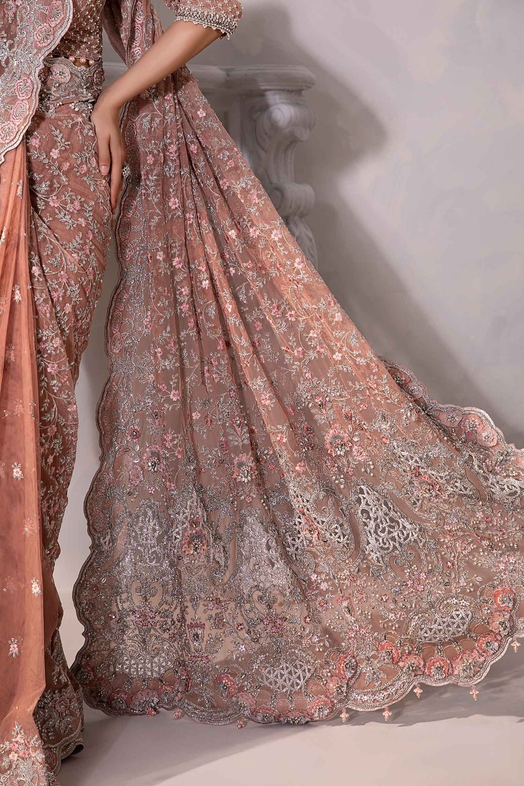 Maria B Solana style reference, Peach Saree, view 8