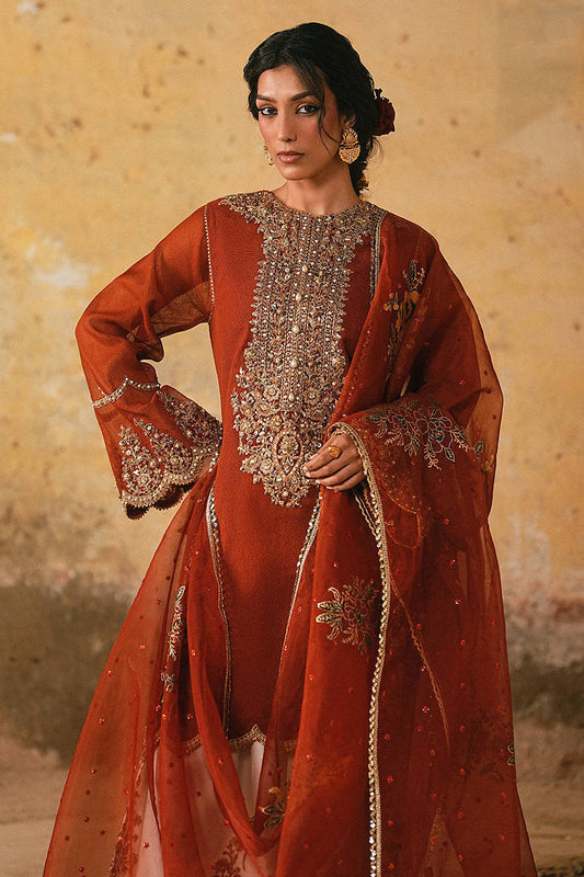 Mohsin Naveed Ranjha Shabnam-e-Bahar rust-orange — neckline and shirt, design reference