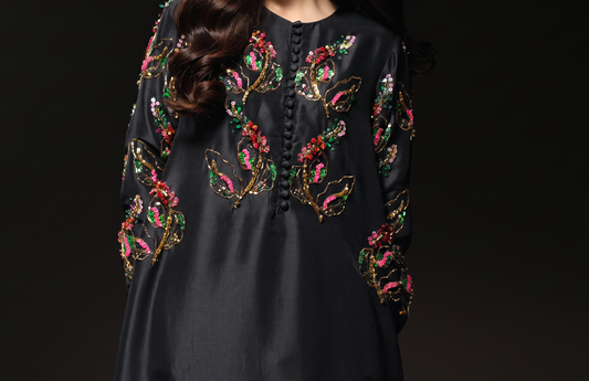Muse Luxe black crystal sequin silk maxi garment detail