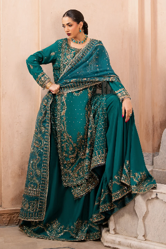 Naqshi Gul-e-Rimal Style full zinc green sharara outfit with organza dupatta
