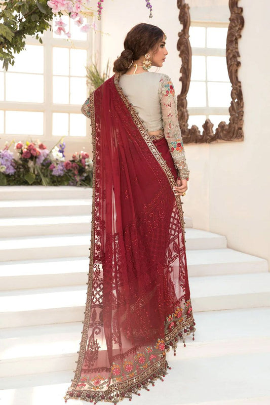 Maria B BD-2107 Style — Mairaz Deep Red & Beige Embroidered Saree