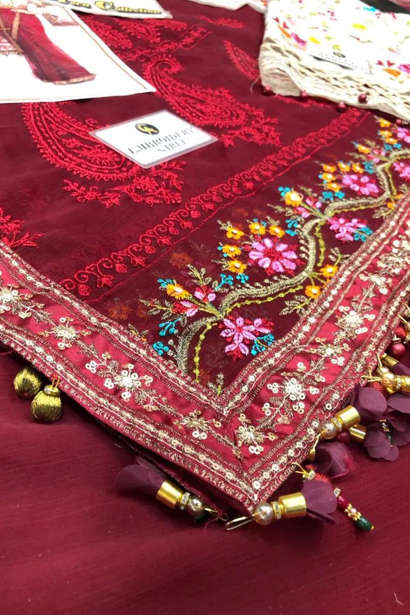 Maria B BD-2107 Style — Mairaz Deep Red & Beige Embroidered Saree