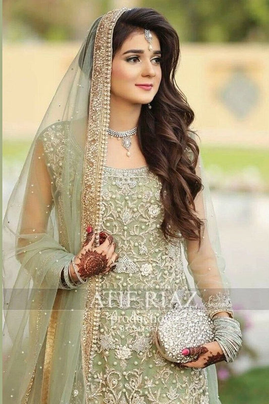 Green Net Kameez & Trouser — Mairaz