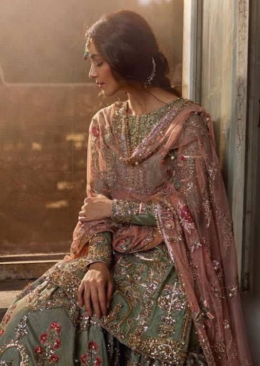 Mohsin Naveed Ranjha Zamrud style — Mairaz green gharara set reference, view 2 of 11