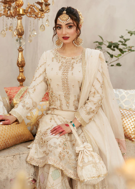 Rafia - RK1256 off-white chiffon ensemble seated front view