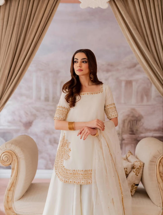 Shanzay & Anooshay White Sharara Style by MAIRAZ — front view of square neckline and embroidered cuffs
