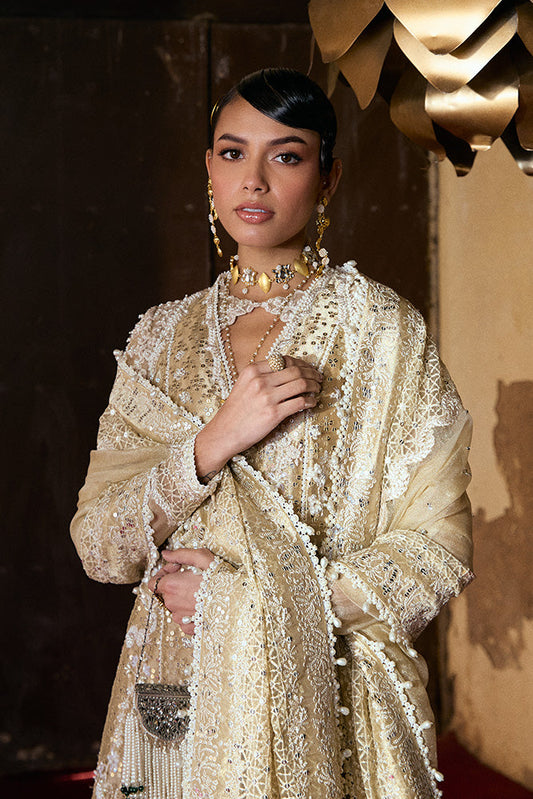 Suffuse Gulraiz Gold with off-white accents — neckline and dupatta detail, design reference