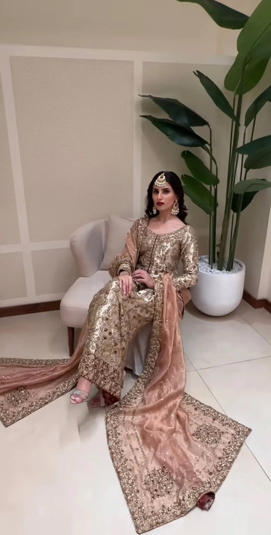 Zeeshan Danish Dilruba Style seated ivory gold hand embellished outfit with blush dupatta