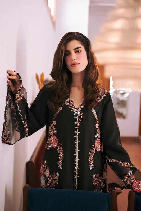 Zona Shaham Elle Style black embroidered shirt close view