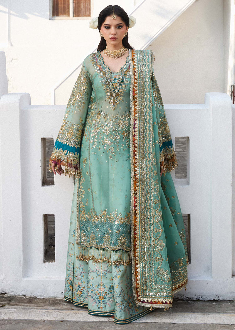 Mint green festive sharara with turquoise embroidered dupatta, Mairaz Festive Edit
