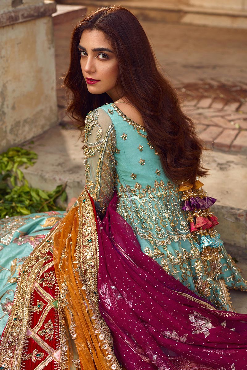 Mohsin Naveed Ranjha Ronaq Jahan style — Mairaz sky blue bridal lehenga reference, view 3 of 4