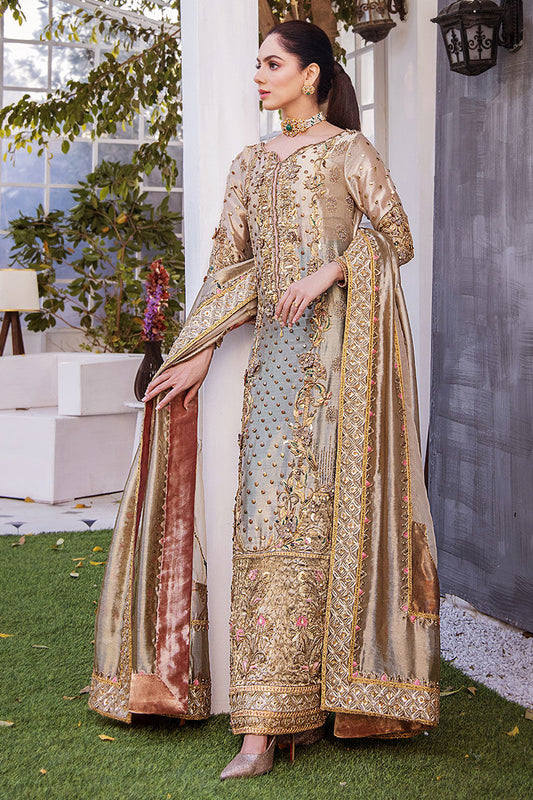 Shazia Kiyani Samar style — Mairaz golden bronze three-piece suit reference, view 2 of 7