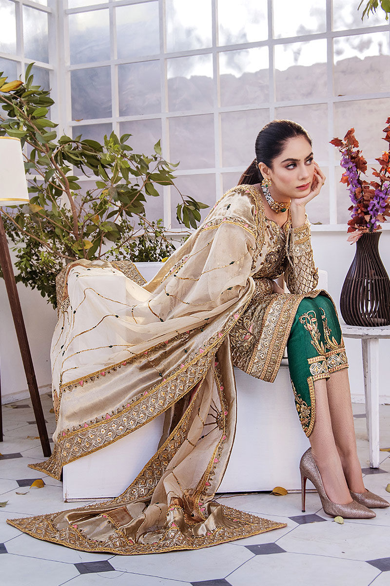 Shazia Kiyani Samar style — Mairaz golden bronze three-piece suit reference, view 5 of 7