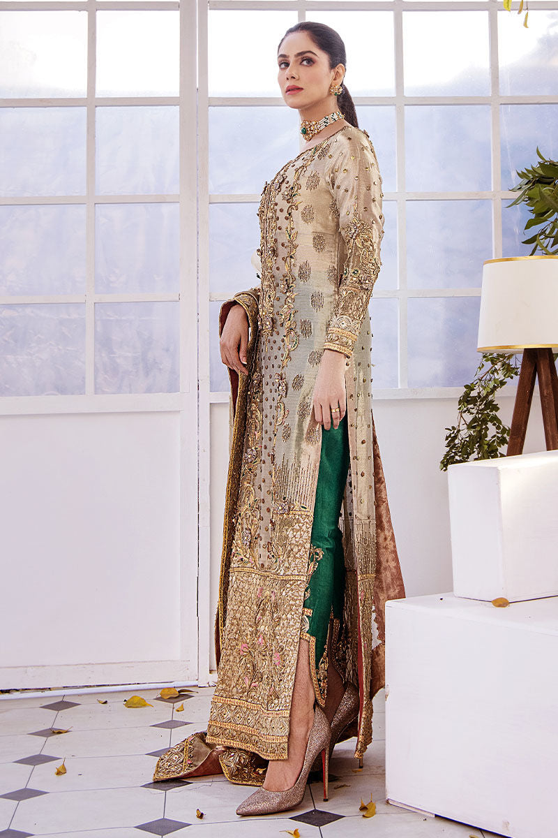 Shazia Kiyani Samar style — Mairaz golden bronze three-piece suit reference, view 3 of 7