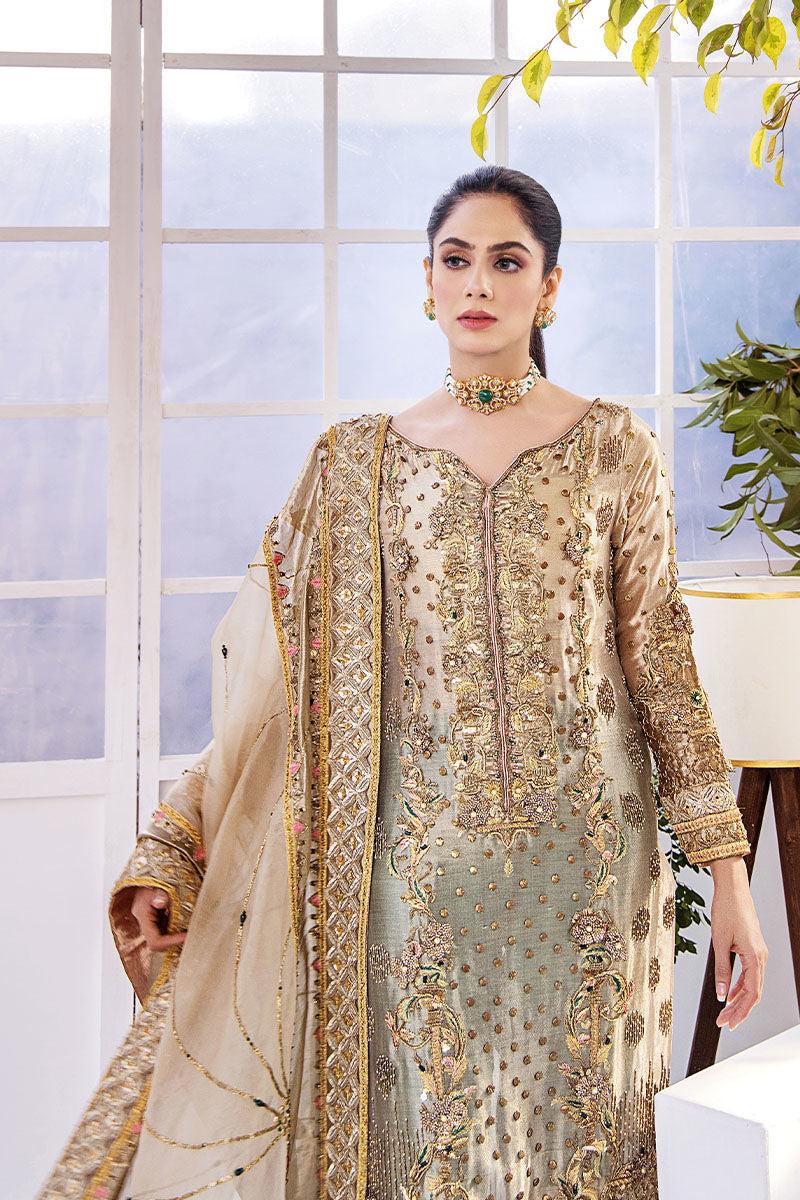 Shazia Kiyani Samar style — Mairaz golden bronze three-piece suit reference, view 6 of 7